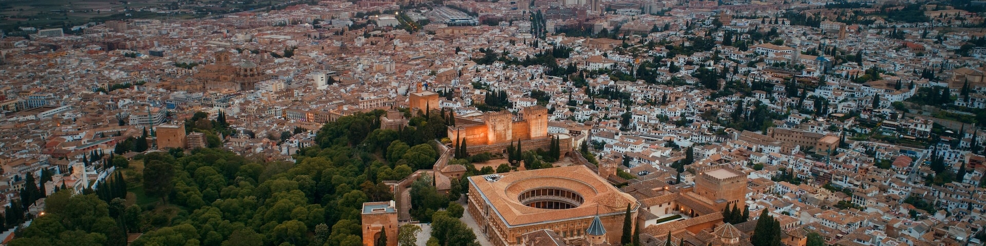 An aerial view of a city with a prominent historical building surrounded by dense greenery and a vast urban area.
