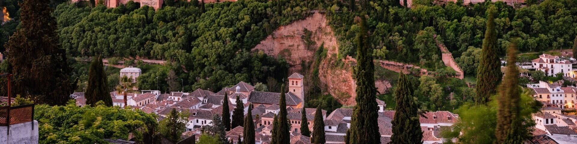 A historic fortified city with a castle on a hill, surrounded by lush greenery and a backdrop of mountains.