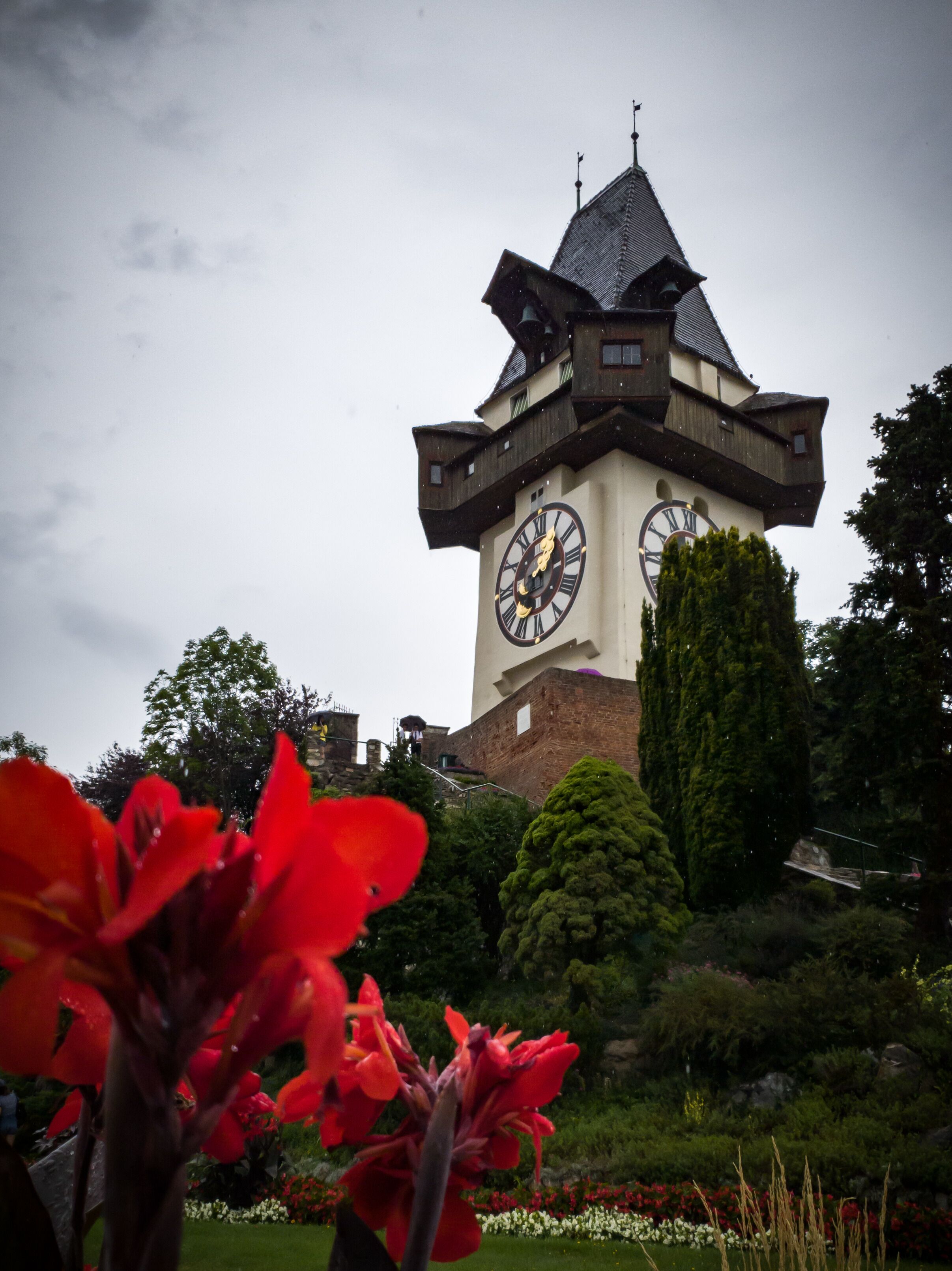 Beautiful clock tower, beautiful garden - Schlossberg, Graz, Austria.