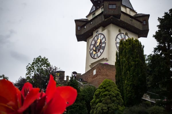 Beautiful clock tower, beautiful garden - Schlossberg, Graz, Austria.