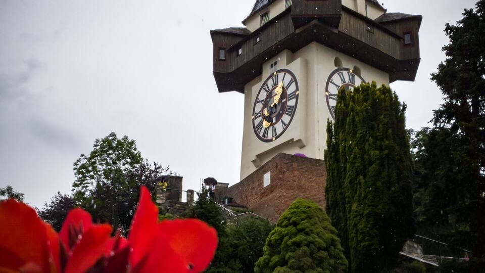 Beautiful clock tower, beautiful garden - Schlossberg, Graz, Austria.