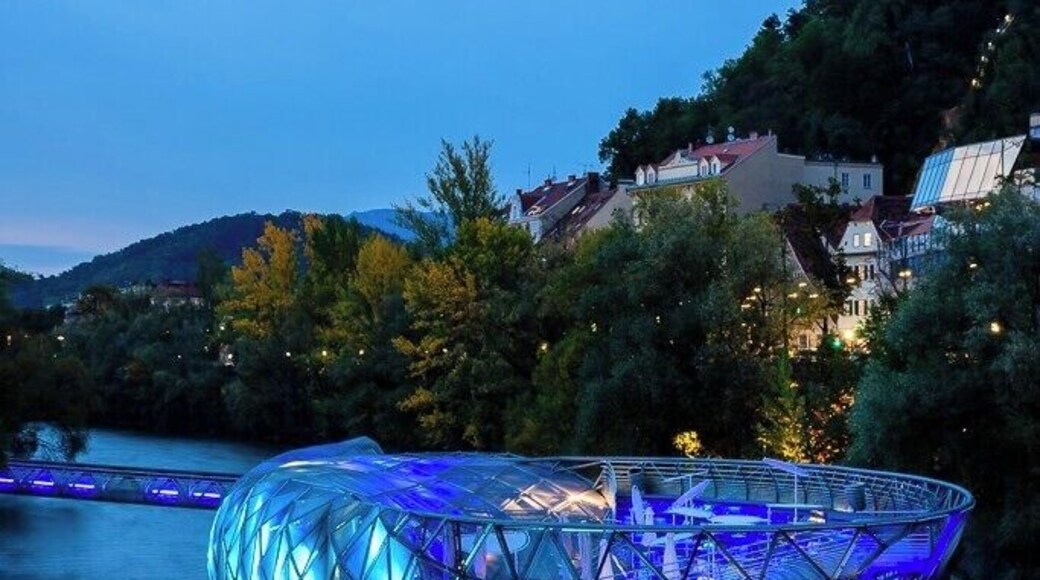 A view on the lighted Murinsel in Graz. It started as an art project and is now a restaurant. #BvsCities