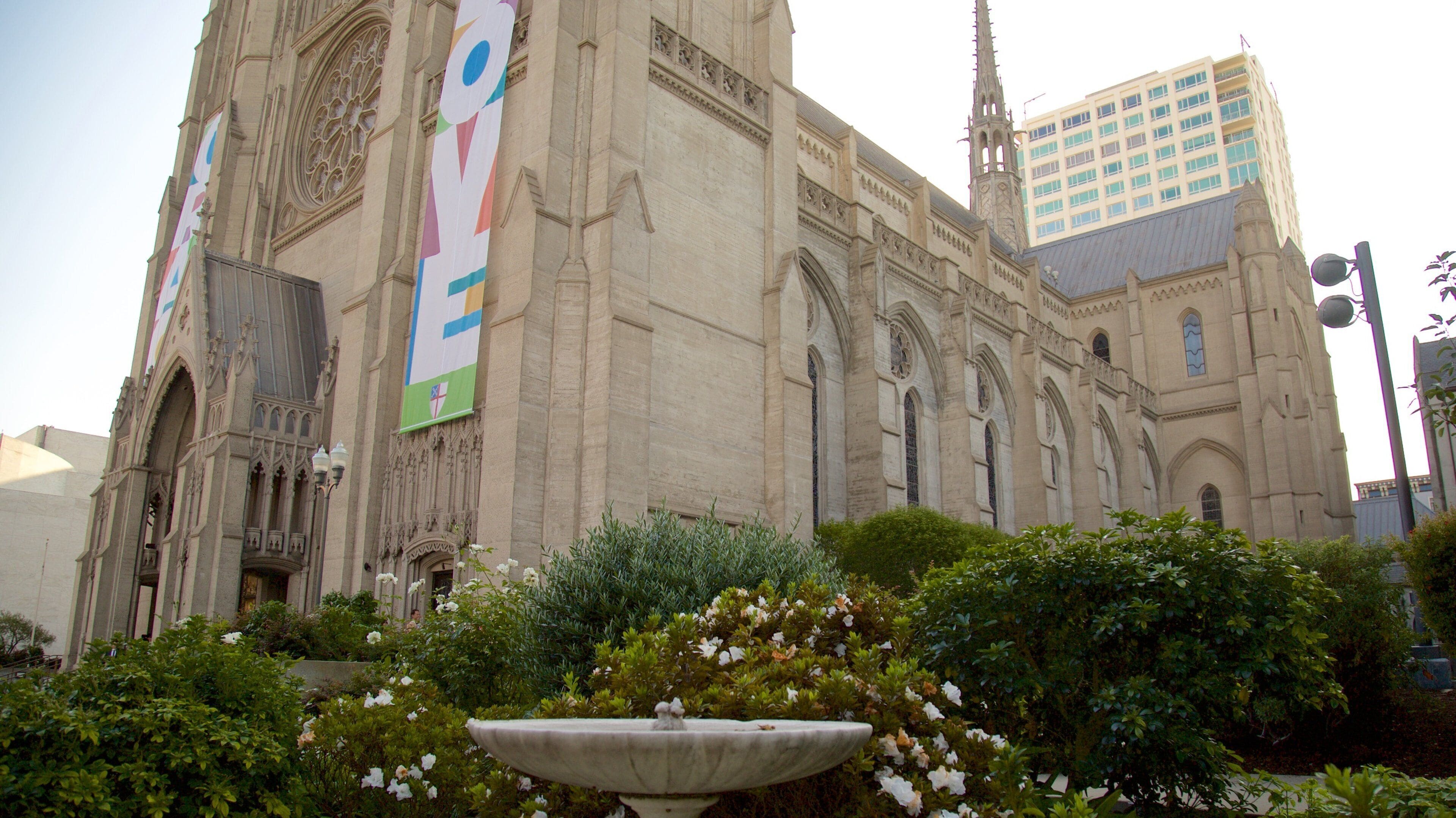 A large cathedral with intricate architecture and a prominent cross on the facade.