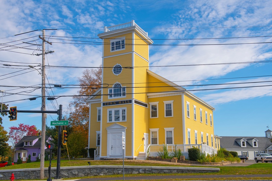Bellingham Old Town Hall at 10 Mechanic Street in historic town center of Bellingham, Norfolk County, Massachusetts MA, USA.