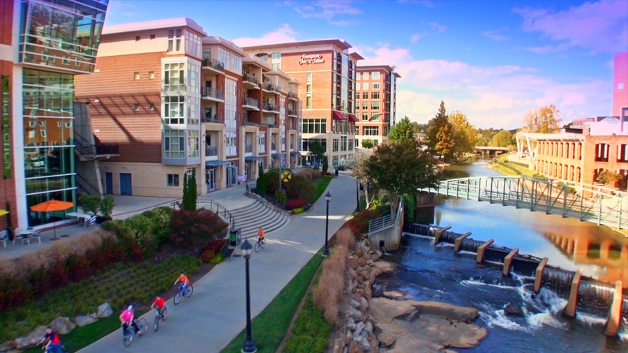 Greenville featuring a bridge, a city and a river or creek