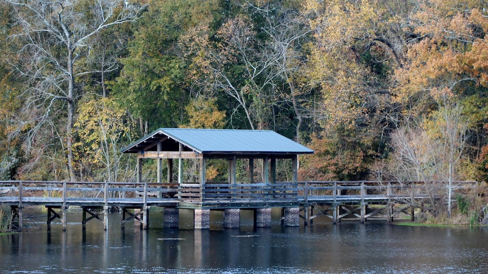 covered bridge on a pond