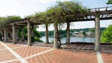 Un sendero empedrado de ladrillo con una estructura de pérgola, columnas y vista a un río con casas al fondo.