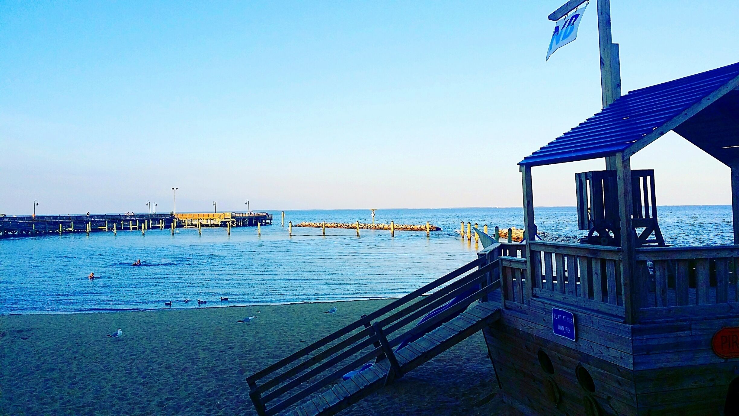 Beautiful beach with a fun pirate ship for children to play at North Beach, Maryland.