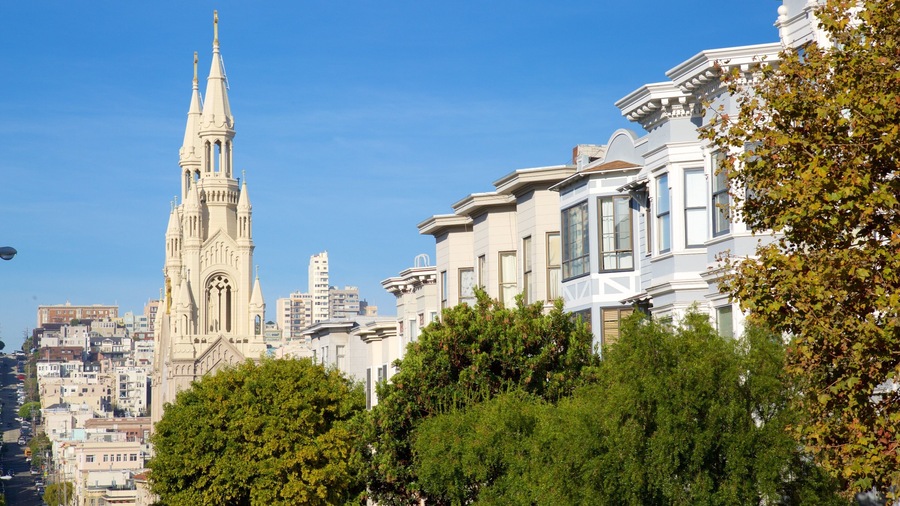 North Beach which includes a city, heritage architecture and a church or cathedral