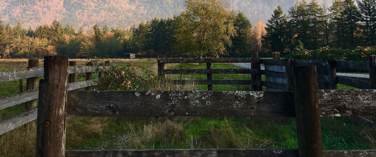 View of a slightly foggy Mount Si from a ranch near Rockwood Farm