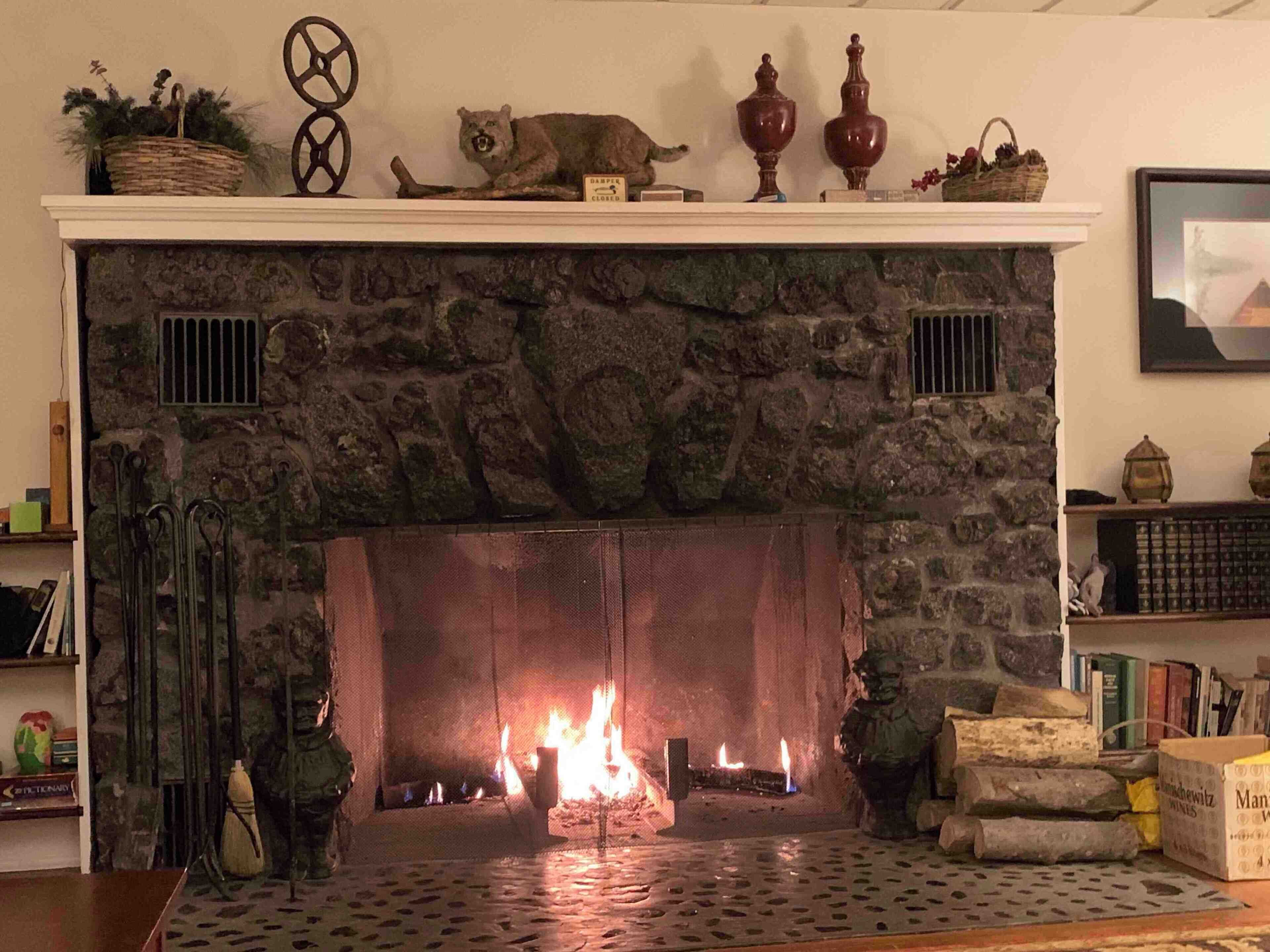 Garnet-laden mantelpiece at Highwinds at Barton mines #Adirondackpark #adirondacks #winterwonderland #snow #kidsfun #weekendgetaway #fireplaces #winterwonderland