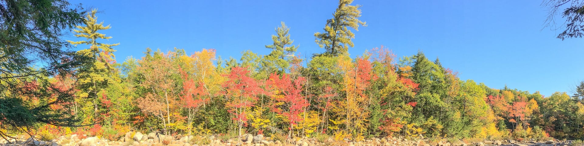 A river with clear water, surrounded by rocks and trees with autumn foliage.