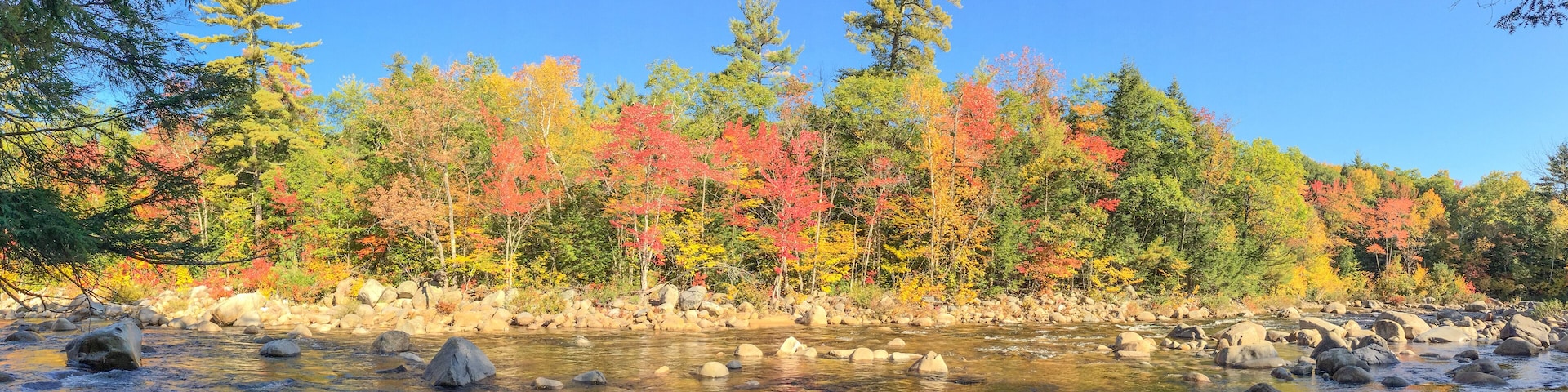 A river with clear water, surrounded by rocks and trees with autumn foliage.