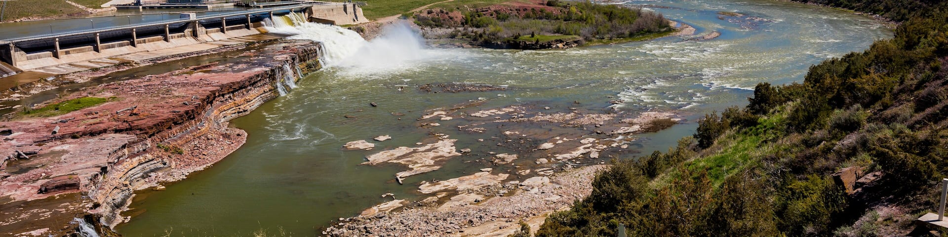 MAY 23, 2019, GREAT FALLS, MT., USA - Rainbow Dam of The Great Falls of the Missouri River in Great Falls, Montana and hydroelectric plant