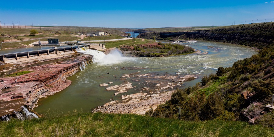 MAY 23, 2019, GREAT FALLS, MT., USA - Rainbow Dam of The Great Falls of the Missouri River in Great Falls, Montana and hydroelectric plant