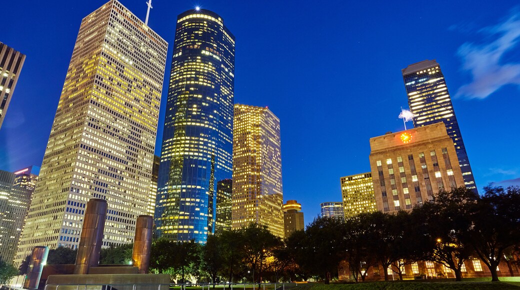 Skyscrapers around Houston's Central Business District in Houston illuminated at dusk