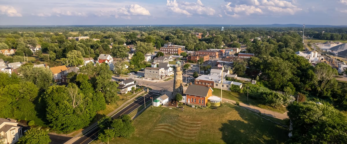 Aerial view of Fairport Marine Museum and Lighthouse was built in 1871.