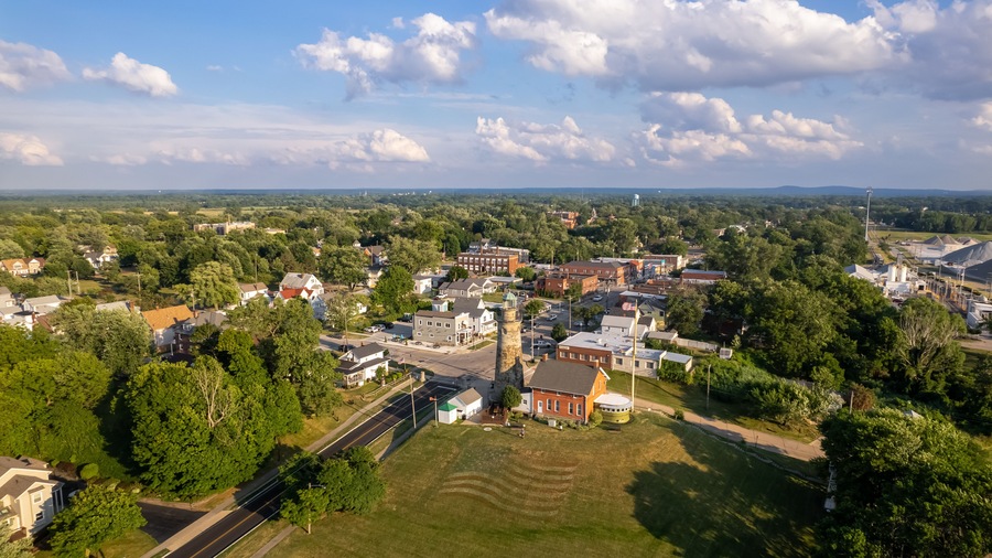 Aerial view of Fairport Marine Museum and Lighthouse was built in 1871.