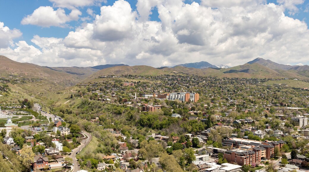 Aerial view of the Latter Day Saints (LDS) Mormon Hospital and north Salt Lake City viewed from downtown SLC, Utah, USA.