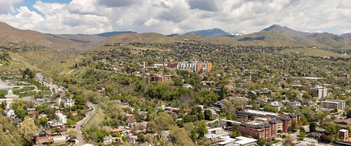 Aerial view of the Latter Day Saints (LDS) Mormon Hospital and north Salt Lake City viewed from downtown SLC, Utah, USA.