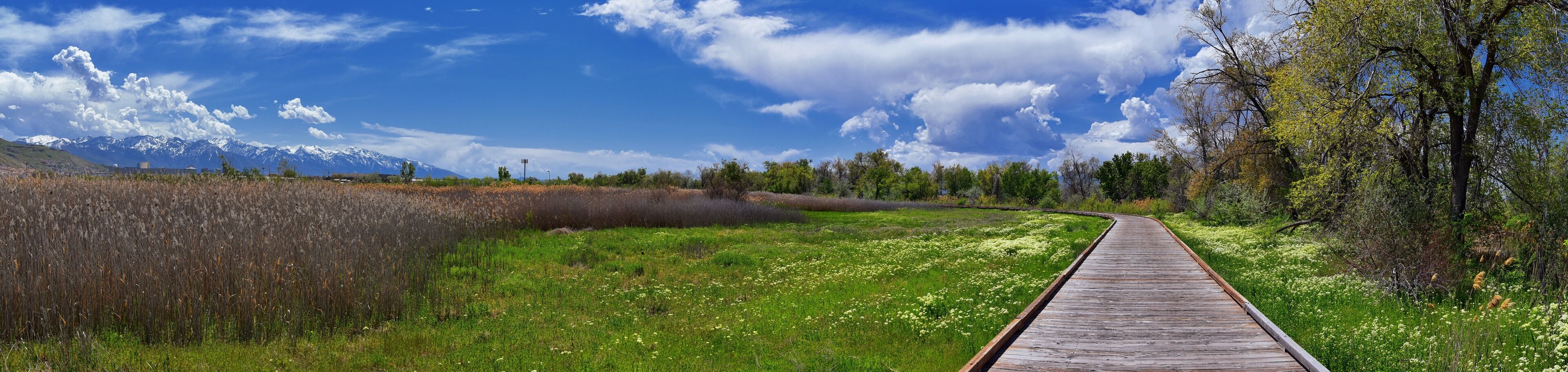 Jordan River Parkway Trail, Redwood Trailhead bordering the Legacy Parkway Trail, panorama views with surrounding trees and silt filled muddy water along the Rocky Mountains, Salt Lake City, Utah. 