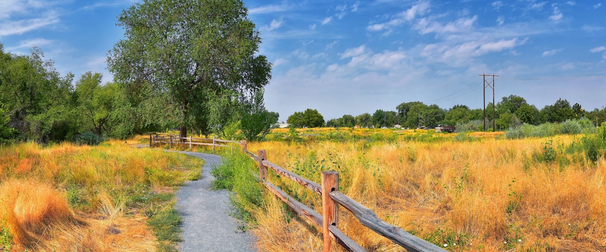 A winding gravel path through a grassy field with a wooden fence, surrounded by trees and a clear blue sky.