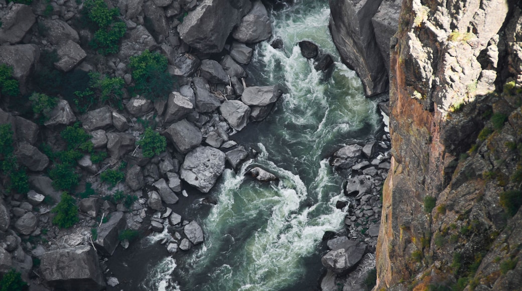 Shot looking down the Black Canyon in Gunnison, Colorado. I love the mixture of the green tint in the water, the grey of the rocks, and the sunlight hitting the rock wall. Black Canyon is one of the most jaw dropping places in Colorado. #Adventure