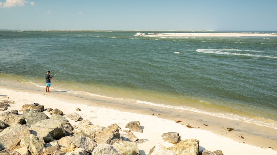 A beach with a person fishing, large rocks, and calm ocean waves.