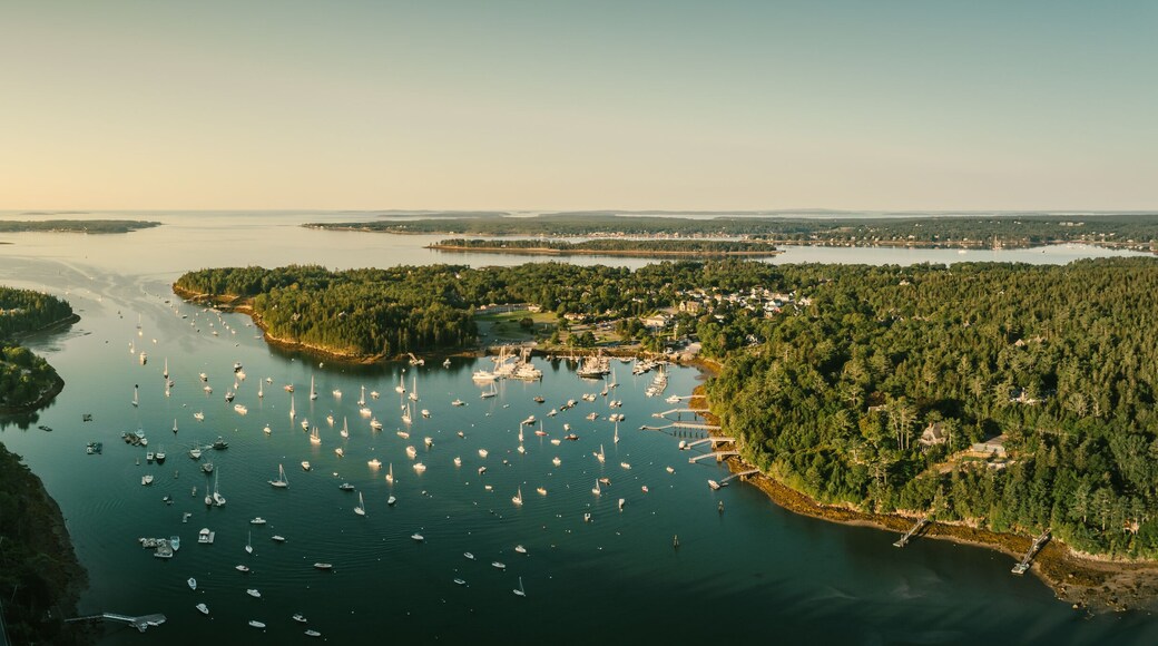 Panoramic drone shot of sunrise in Northeast Harbor, Main near Bar Harbor on Mount Desert Island