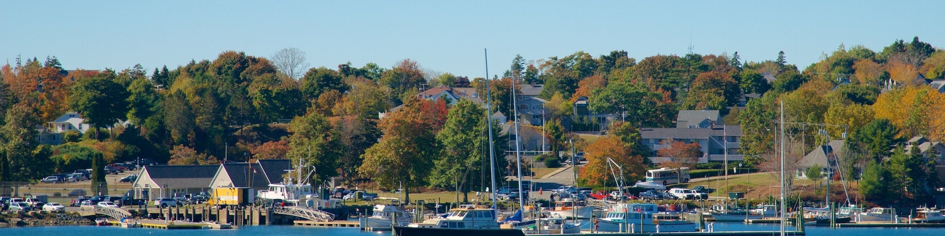 A harbor with boats, a bridge, and houses on a hillside.