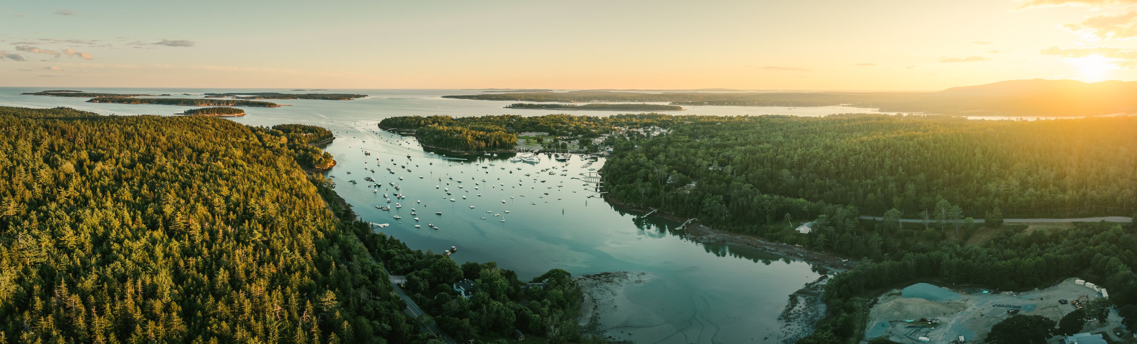 Panoramic drone shot of sunset in Northeast Harbor, Main near Bar Harbor on Mount Desert Island