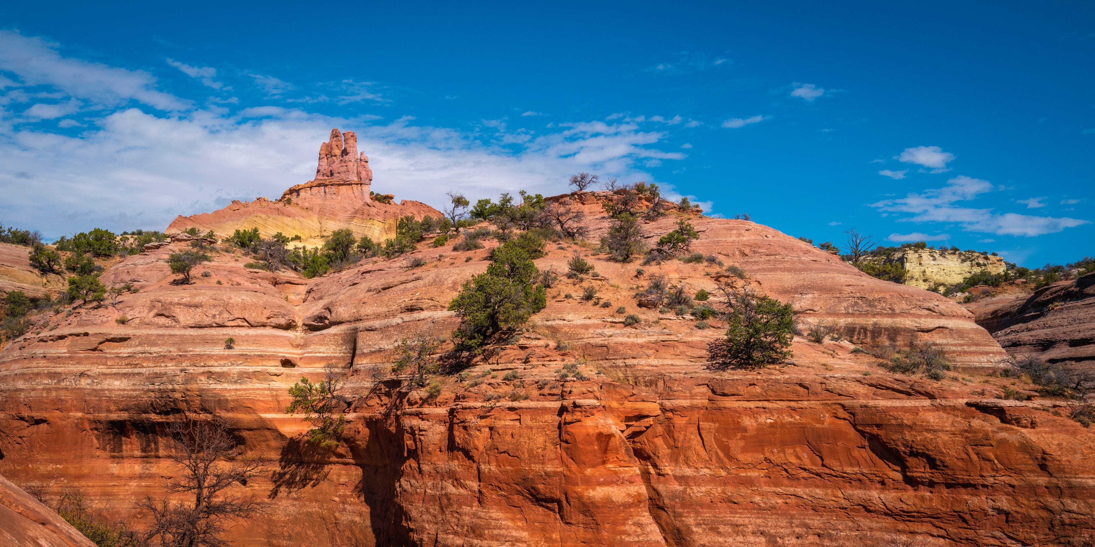 Church Rock and eroded rock wall trails in Red Rock Park in Gallup, McKinley County, New Mexico, USA