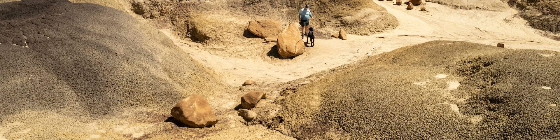 A rugged terrain with large boulders and a clear sky.
