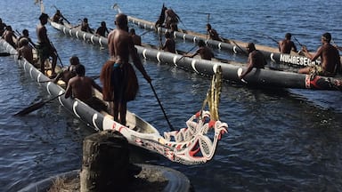 Une course de canoës traditionnelle où les participants rament dans de longues embarcations étroites.