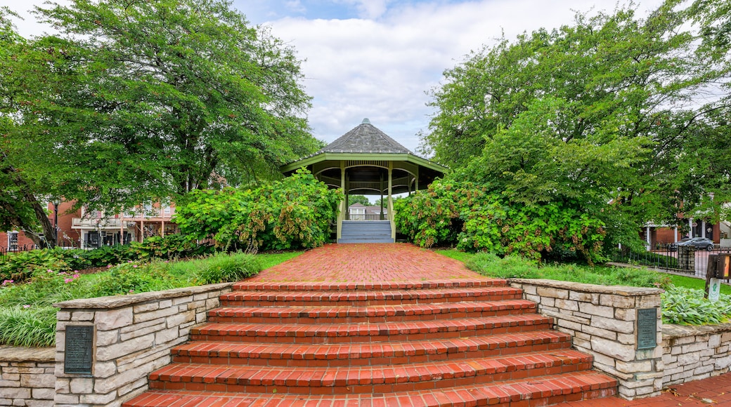 Brick paved steps lead to the Kister Park Gazebo, located on Main Street in the downtown historic district of St. Charles, Missouri.