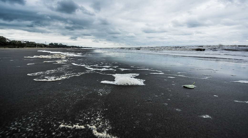 A beach with wet sand and waves.