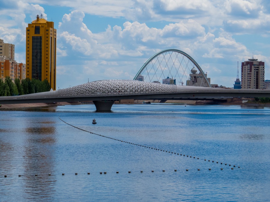 View of the Atyrau Bridge across the Ishim River in Nur-Sultan (Astana), Kazakhstan