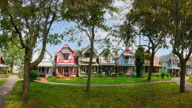 colorful gingerbread houses, cottages in Oak Bluffs center, Martha's Vineyard island in Massachusetts USA on a sunny summer day