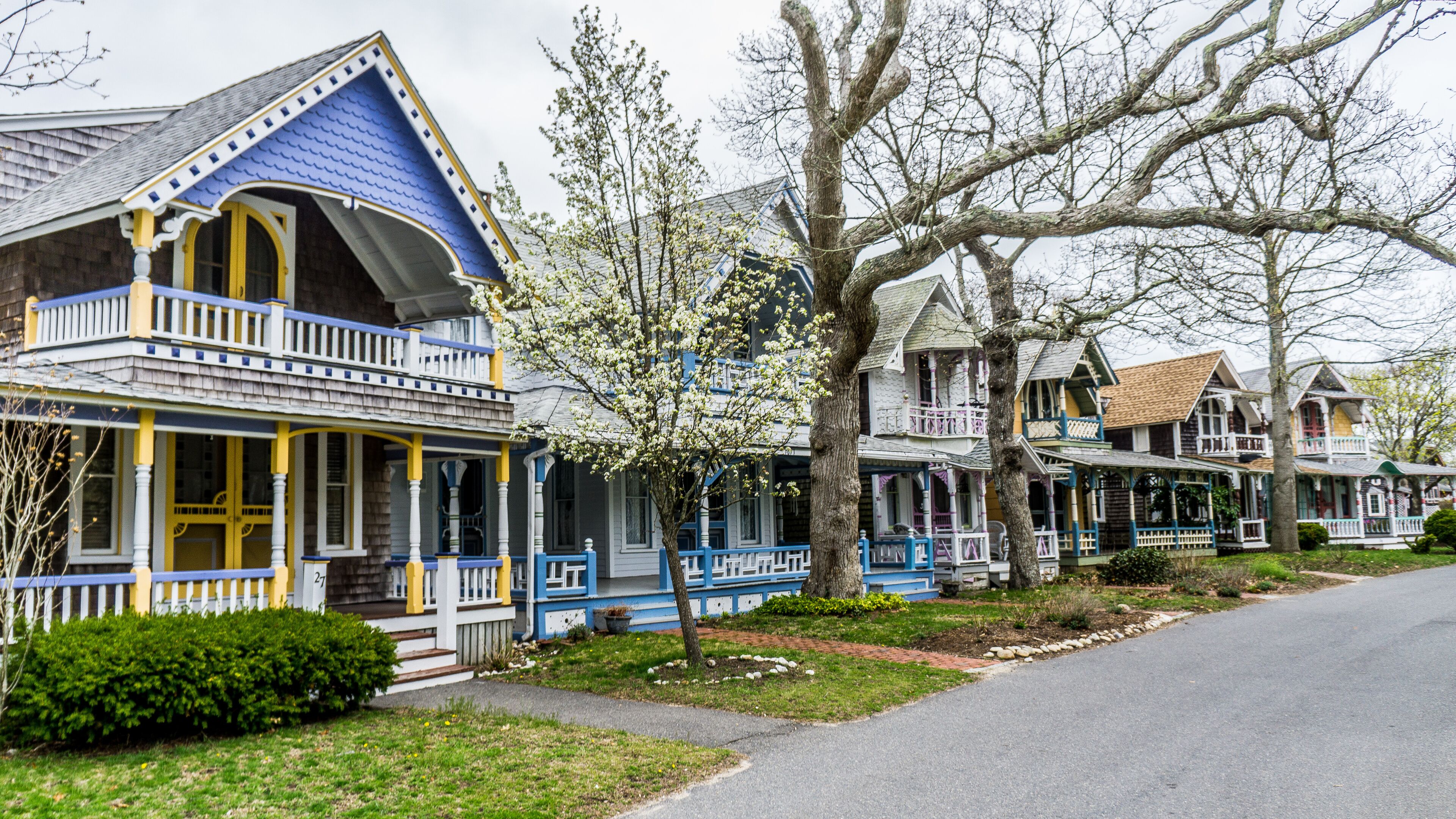 Gingerbread cottages in Oak Bluffs, on Martha's Vineyard. Small neighborhood,  classified National Historical Landmark and famous for its small and colorful victorian cottages