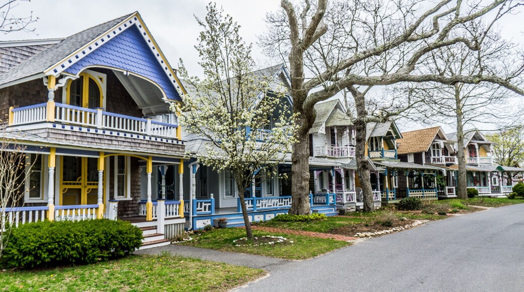 Gingerbread cottages in Oak Bluffs, on Martha's Vineyard. Small neighborhood, classified National Historical Landmark and famous for its small and colorful victorian cottages