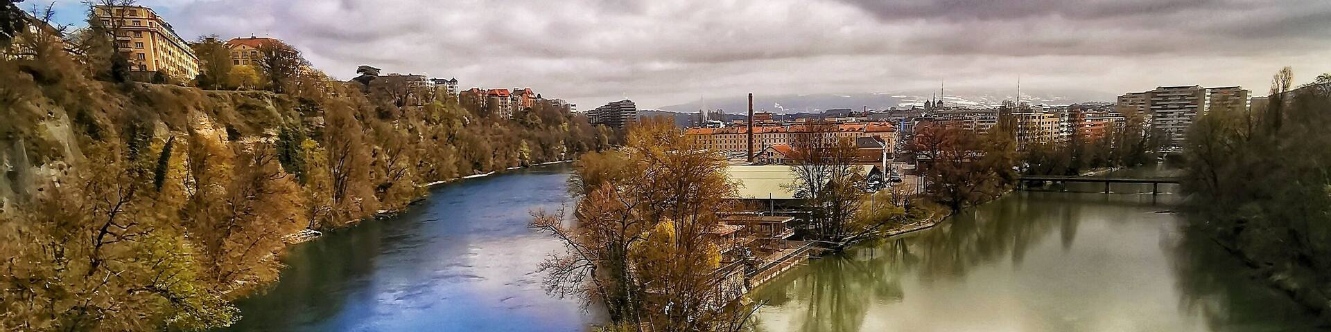 Pointe de la Jonction is the place where rivers The Arve and the Rhone meet up, each river having its own color, a feast to the eyes!