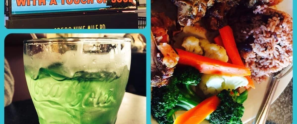 A menu titled "Jamaican Paradise with a Touch of Soul" and a plate of Jamaican food including grilled meat, rice, vegetables, and fried plantains.