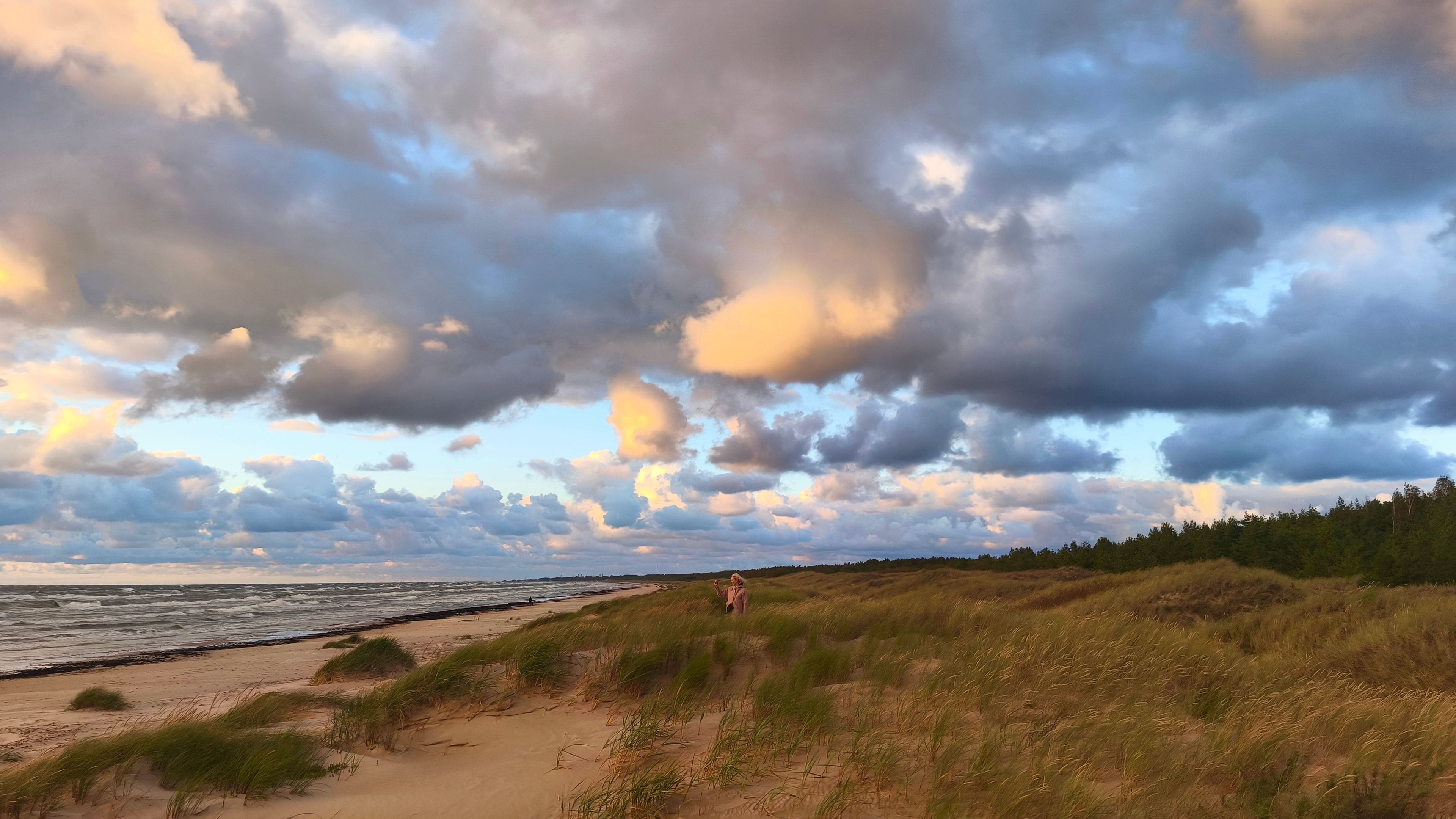En strand med klitter og en overskyet himmel.