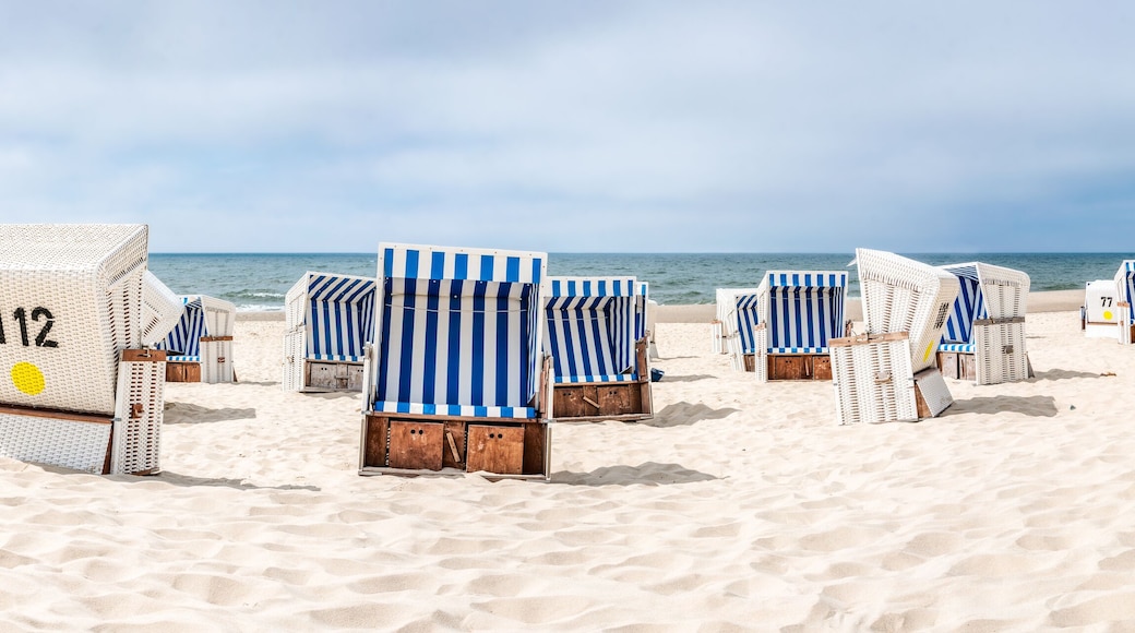 Roofed wicker beach chairs at the beach, North Sea, Germany