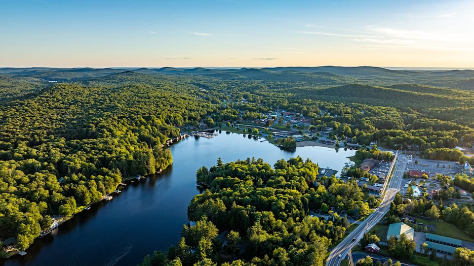 A lake surrounded by dense forest, a small town with buildings, and a bridge connecting the town to the mainland.