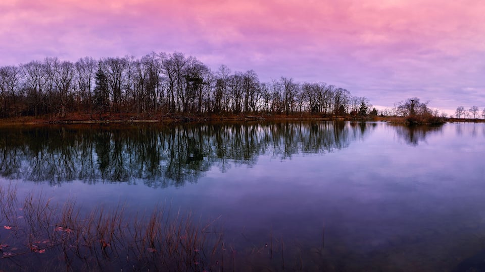 A calm lake with reflections of trees and a stone structure on the right.