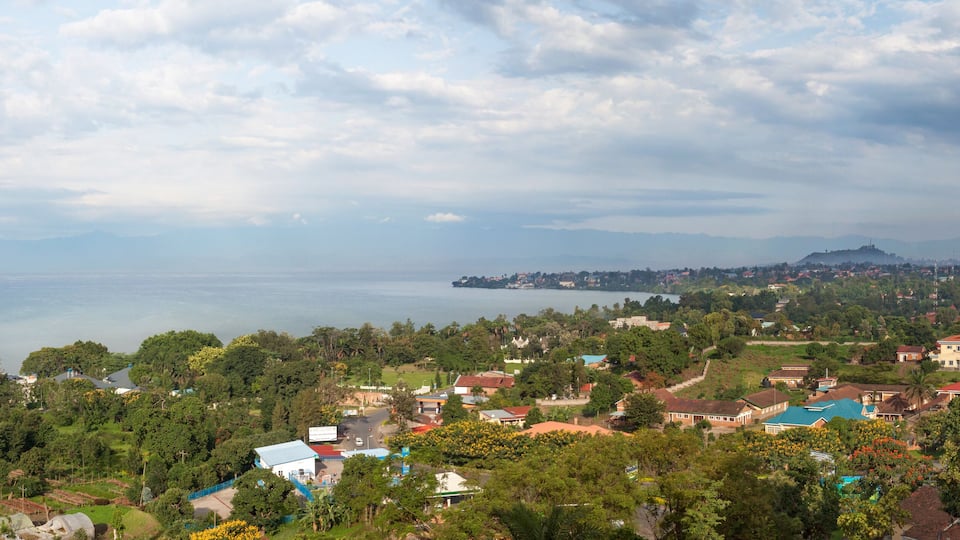 A coastal town with houses, trees, and a distant mountain range.
