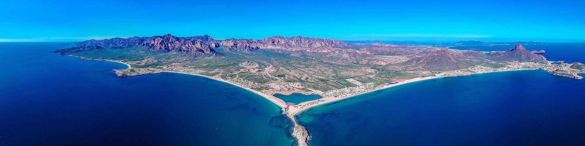 Panoramic aerial photo of San Carlos Sonora, Mexico. The place where the desert meets the sea.