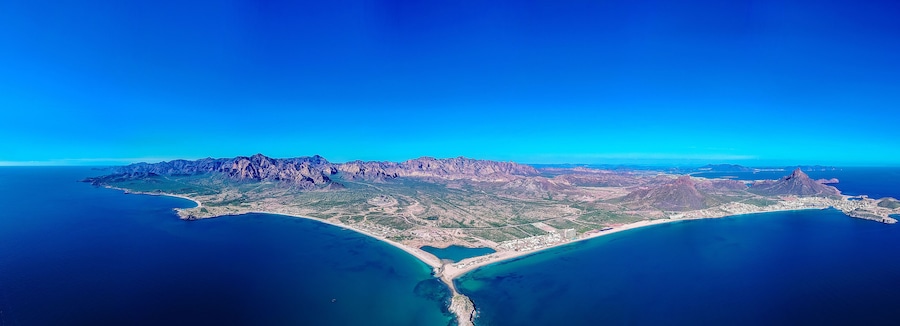 Panoramic aerial photo of San Carlos Sonora, Mexico. The place where the desert meets the sea.