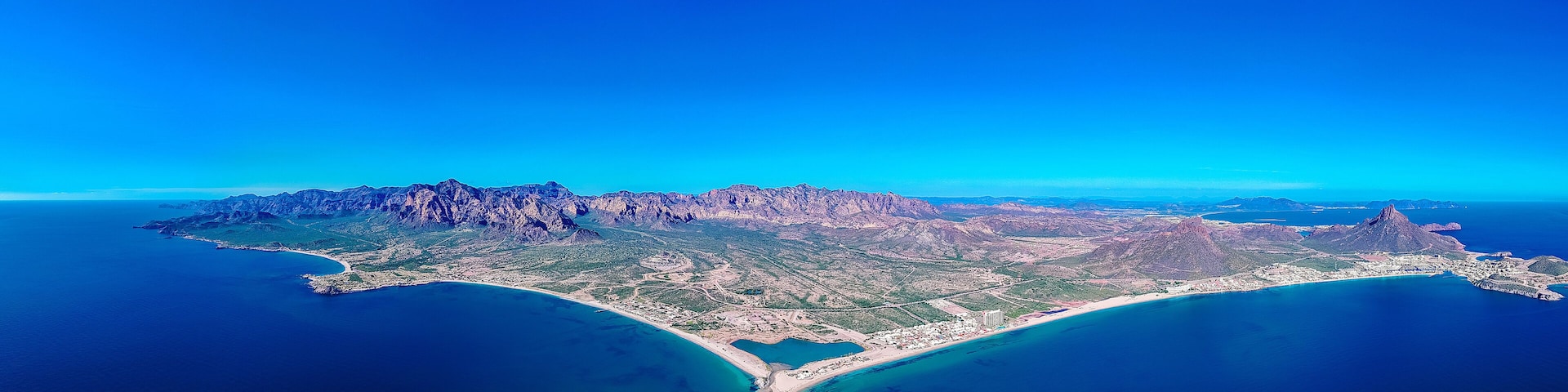 Panoramic aerial photo of San Carlos Sonora, Mexico. The place where the desert meets the sea.